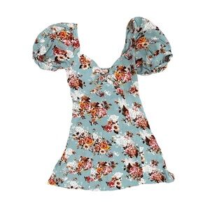 Band of Gypsies Floral Puff Sleeve Mini Dress | Blue, White, Pink | Size Small